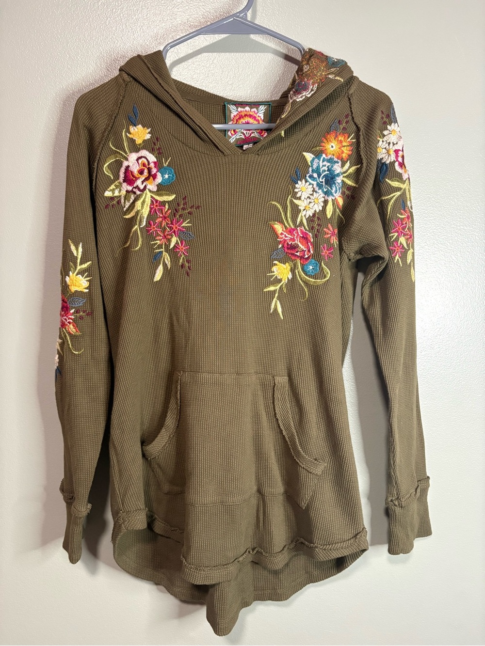 Johnny Was Los Angeles Embroidered Thermal Hoodie Size Small Olive Boho Tunic